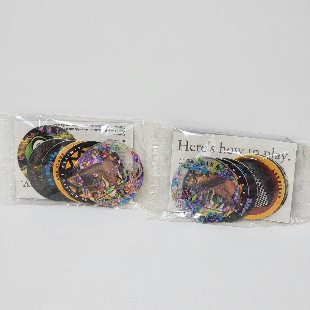 Two Sealed 1990's Bugle Boy Logo POG Milk Cap Set + Plastic Slammer LTD ED